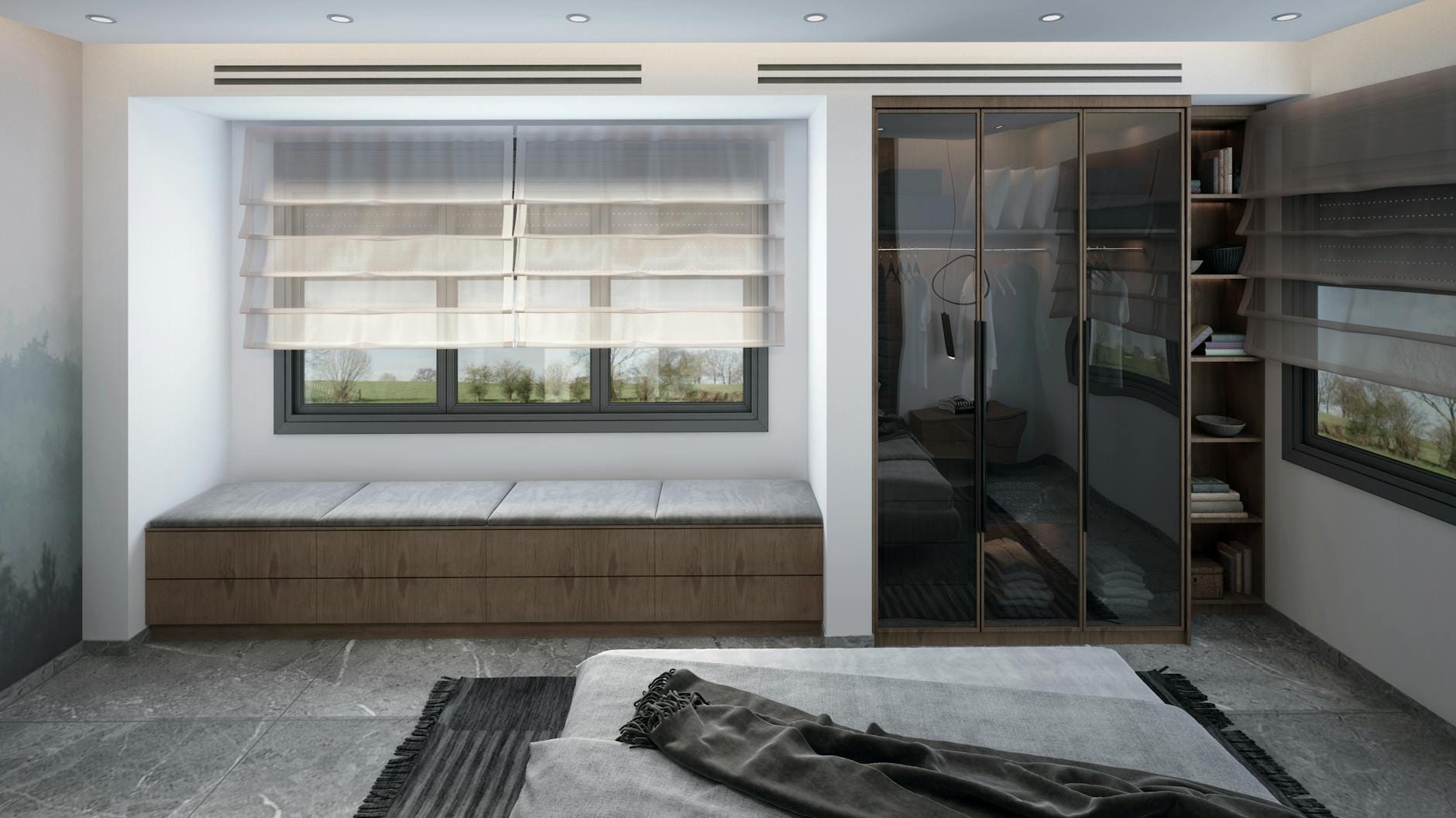 Nowoczesna sypialnia z zabudowaną garderobą i eleganckimi meblami